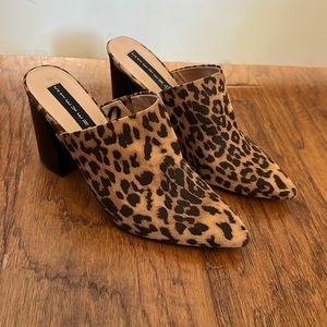 Steve Madden Savina Calf Hair Leopard Print Block Heel Mules